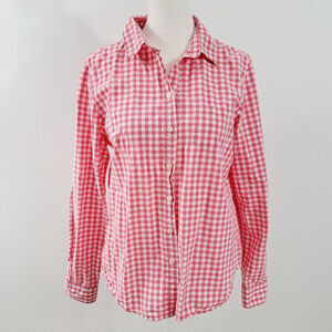 Joe FRESH Womens Sz Medium Pink Gingham Button Shirt Top Long Sleeve Cotton